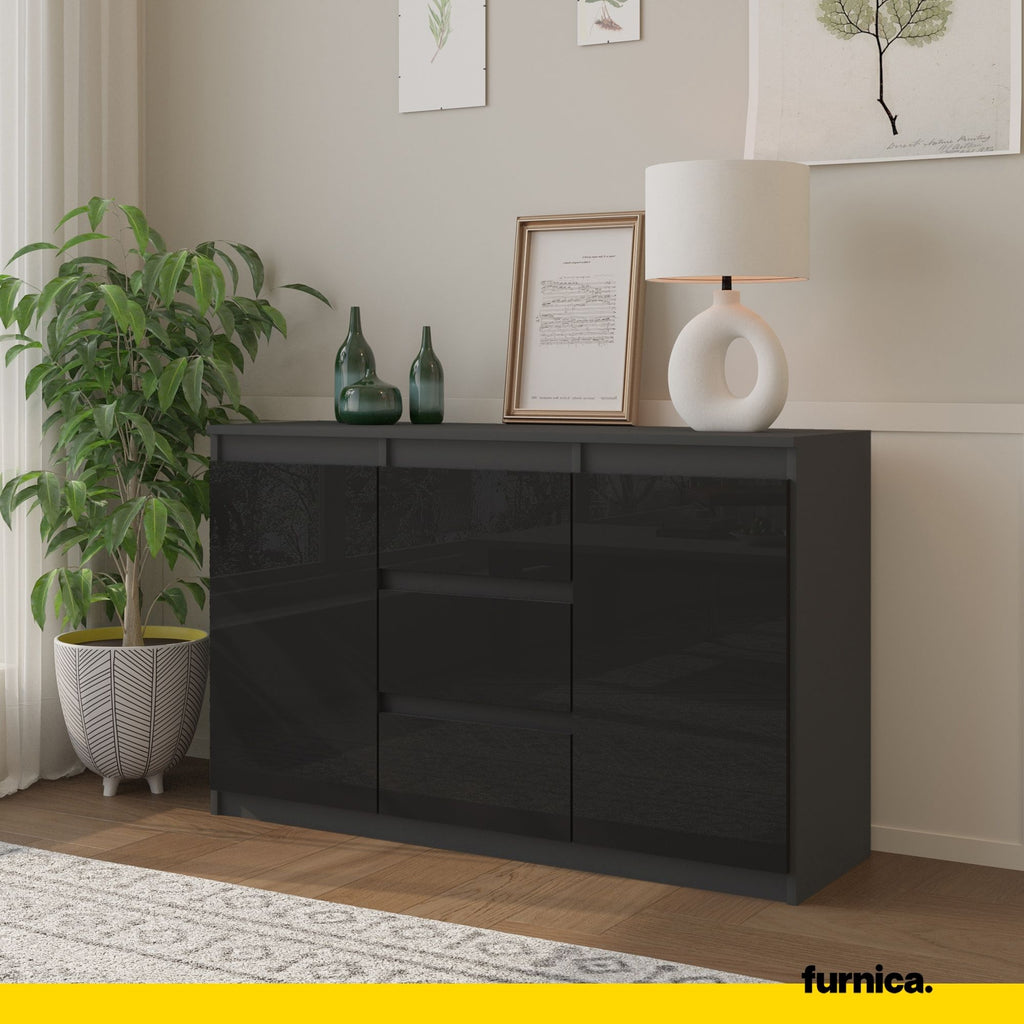 MIKEL - Chest of 3 Drawers and 2 Doors - Bedroom Dresser Storage Cabinet Sideboard - Anthracite / Black Gloss H75cm W120cm D35cm