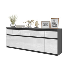 NOAH - Chest of 5 Drawers and 5 Doors - Bedroom Dresser Storage Cabinet Sideboard - Anthracite / White Gloss  H75cm W200cm D35cm