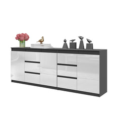 MIKEL - Chest of 6 Drawers and 3 Doors - Bedroom Dresser Storage Cabinet Sideboard - Anthracite / White Gloss H75cm W200cm D35cm