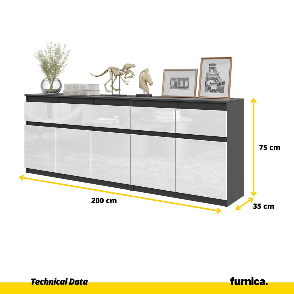 NOAH - Chest of 5 Drawers and 5 Doors - Bedroom Dresser Storage Cabinet Sideboard - Anthracite / White Gloss  H75cm W200cm D35cm