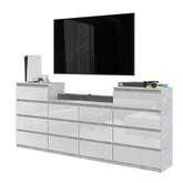 GABRIEL - Chest of 14 Drawers (4+6+4) - Bedroom Dresser Storage Cabinet Sideboard - Concrete / White Gloss H92cm W220cm D33cm