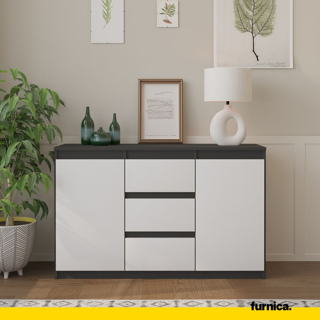 MIKEL - Chest of 3 Drawers and 2 Doors - Bedroom Dresser Storage Cabinet Sideboard - Anthracite / White Matt H75cm W120cm D35cm