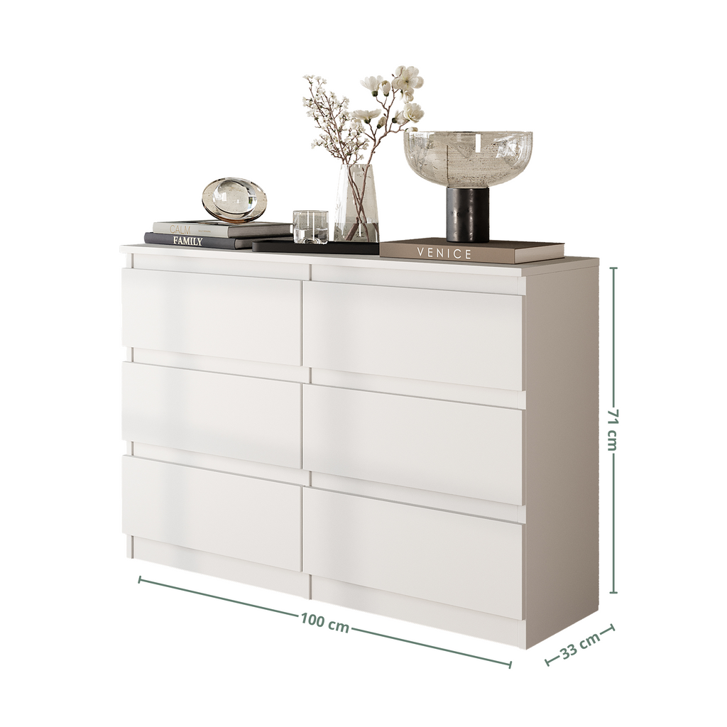 GABRIEL - Chest of 6 Drawers - Bedroom Dresser Storage Cabinet Sideboard - White Matt H71cm W100cm D33cm