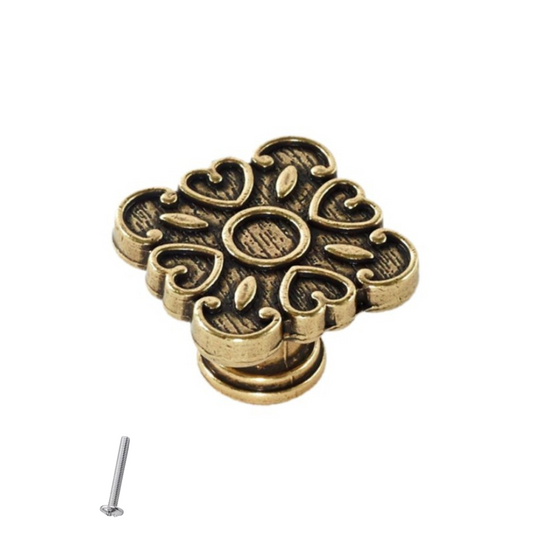 Vintage Cabinet Knob - Heart Shape - 34mm x 34mm - Antique Brass