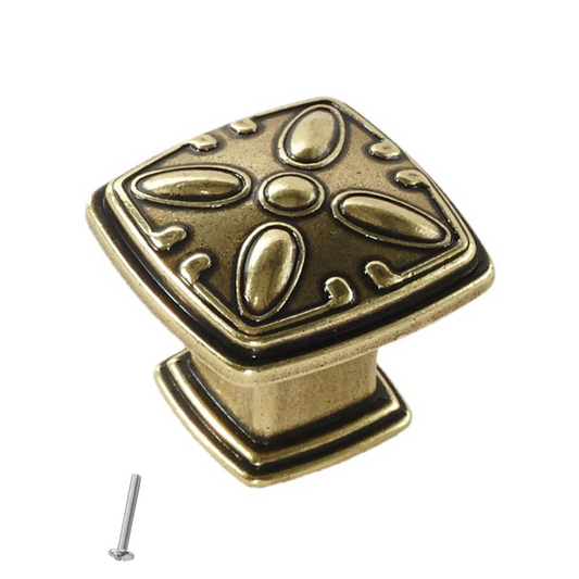 Vintage Cabinet Knob - Flower Pattern - 31mm x 31mm - Antique Brass