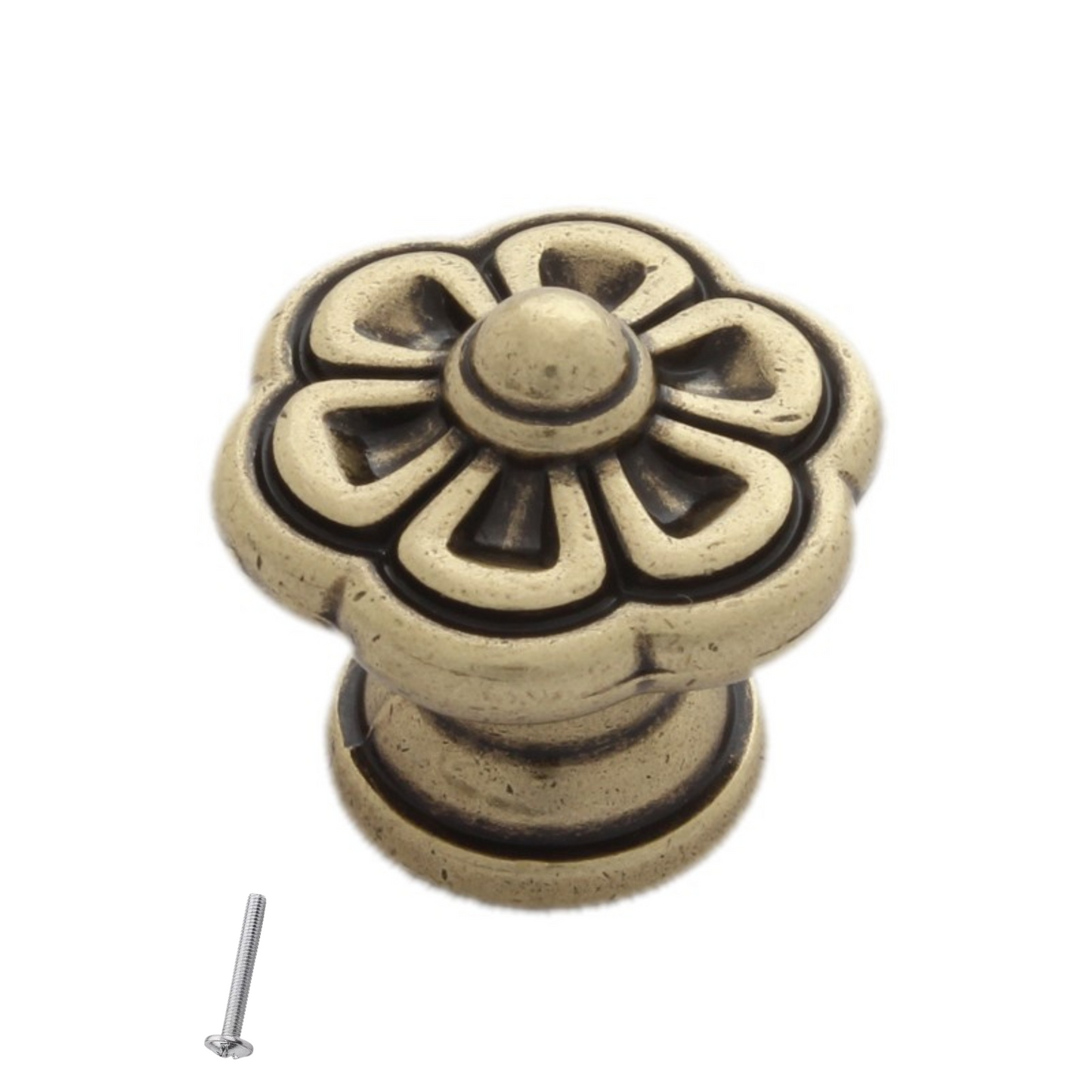 Vintage Cabinet Knob - Flower Shape - 30mm x 28mm - Antique Brass