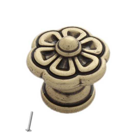 Vintage Cabinet Knob - Flower Shape - 30mm x 28mm - Antique Brass