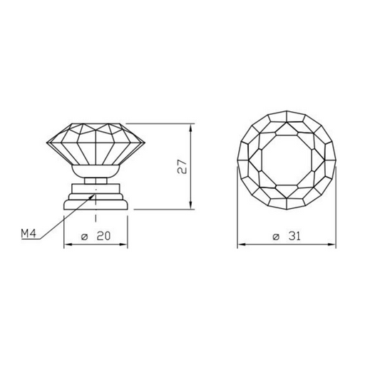 Diamond Shape - Crystal Glass Effect Cabinet Knob - Ø30mm - Chrome
