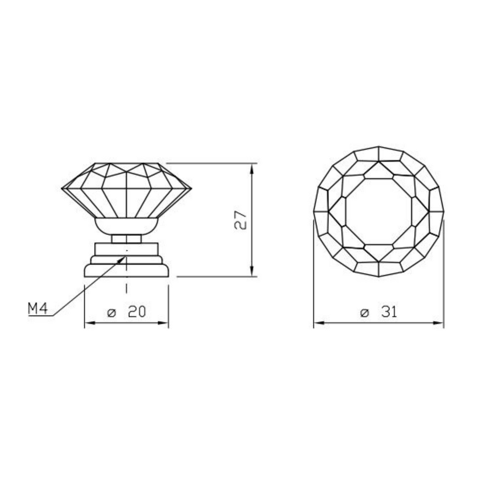 Diamond Shape - Crystal Glass Effect Cabinet Knob - Ø30mm - Chrome