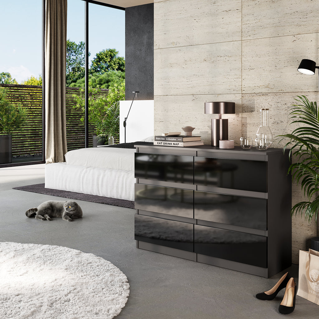 GABRIEL - Chest of 6 Drawers - Bedroom Dresser Storage Cabinet Sideboard - Anthracite / Black Gloss H71cm W100cm D33cm