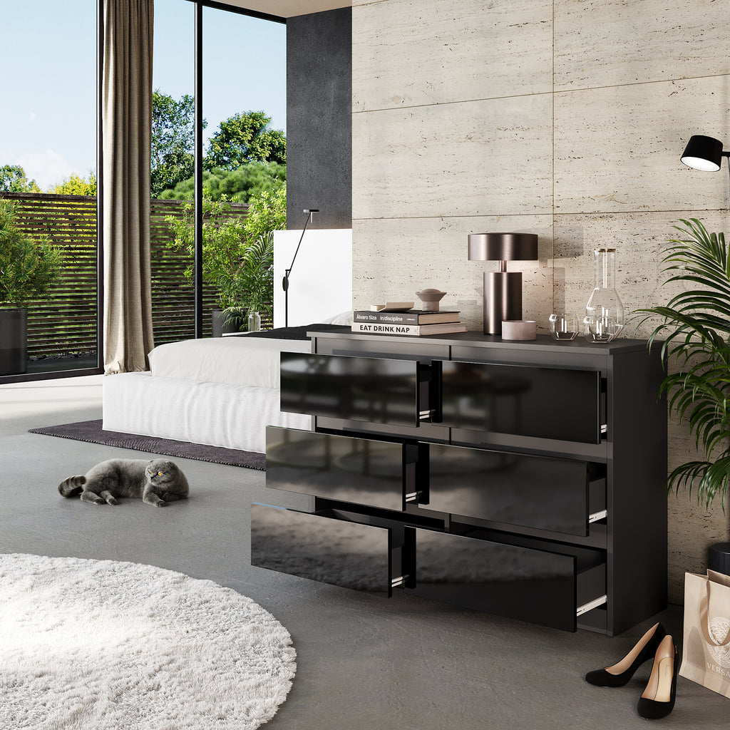 GABRIEL - Chest of 6 Drawers - Bedroom Dresser Storage Cabinet Sideboard - Anthracite / Black Gloss H71cm W100cm D33cm