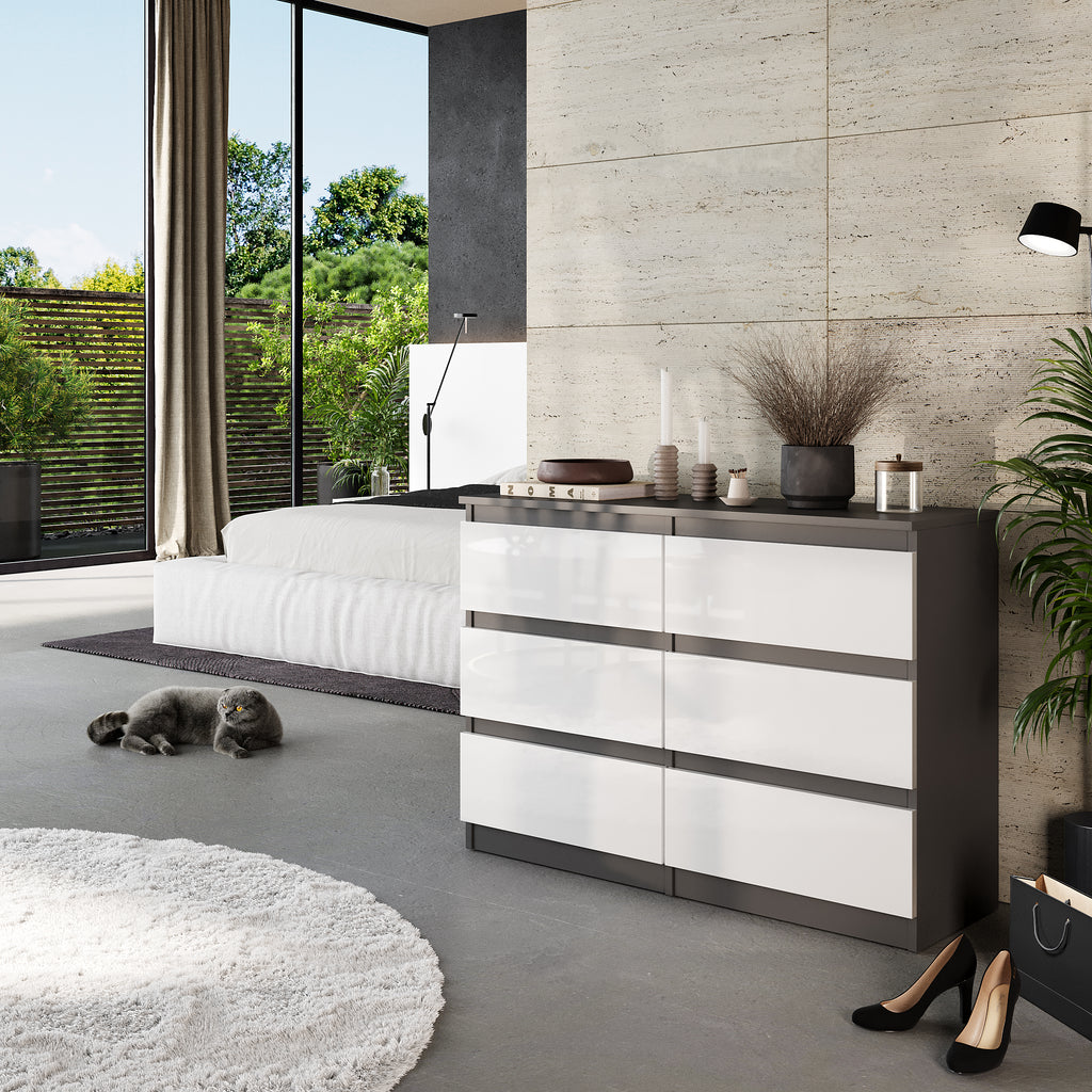 GABRIEL - Chest of 6 Drawers - Bedroom Dresser Storage Cabinet Sideboard - Anthracite / White Gloss H71cm W100cm D33cm