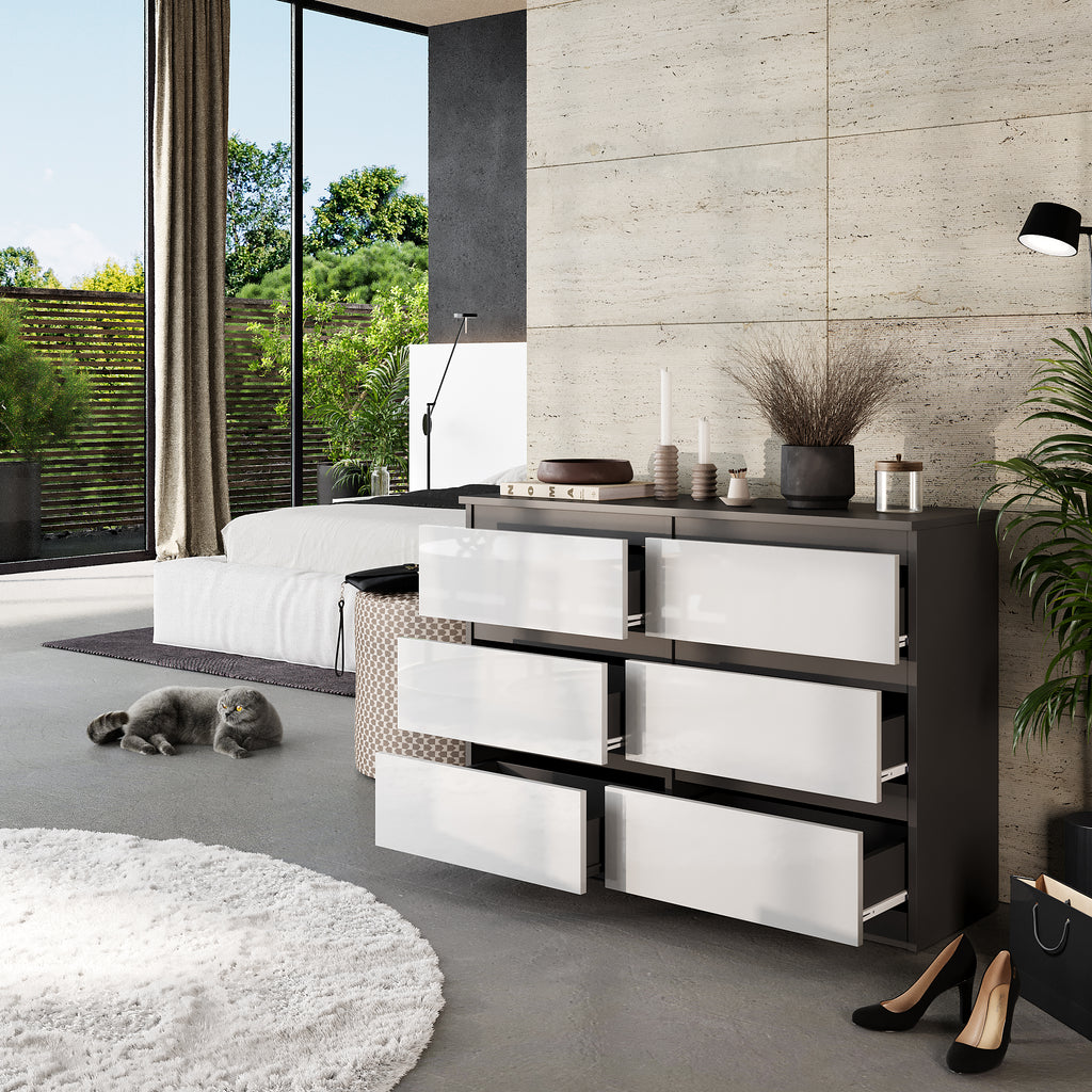 GABRIEL - Chest of 6 Drawers - Bedroom Dresser Storage Cabinet Sideboard - Anthracite / White Gloss H71cm W100cm D33cm