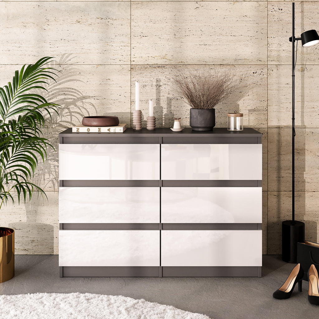 GABRIEL - Chest of 6 Drawers - Bedroom Dresser Storage Cabinet Sideboard - Anthracite / White Gloss H71cm W100cm D33cm