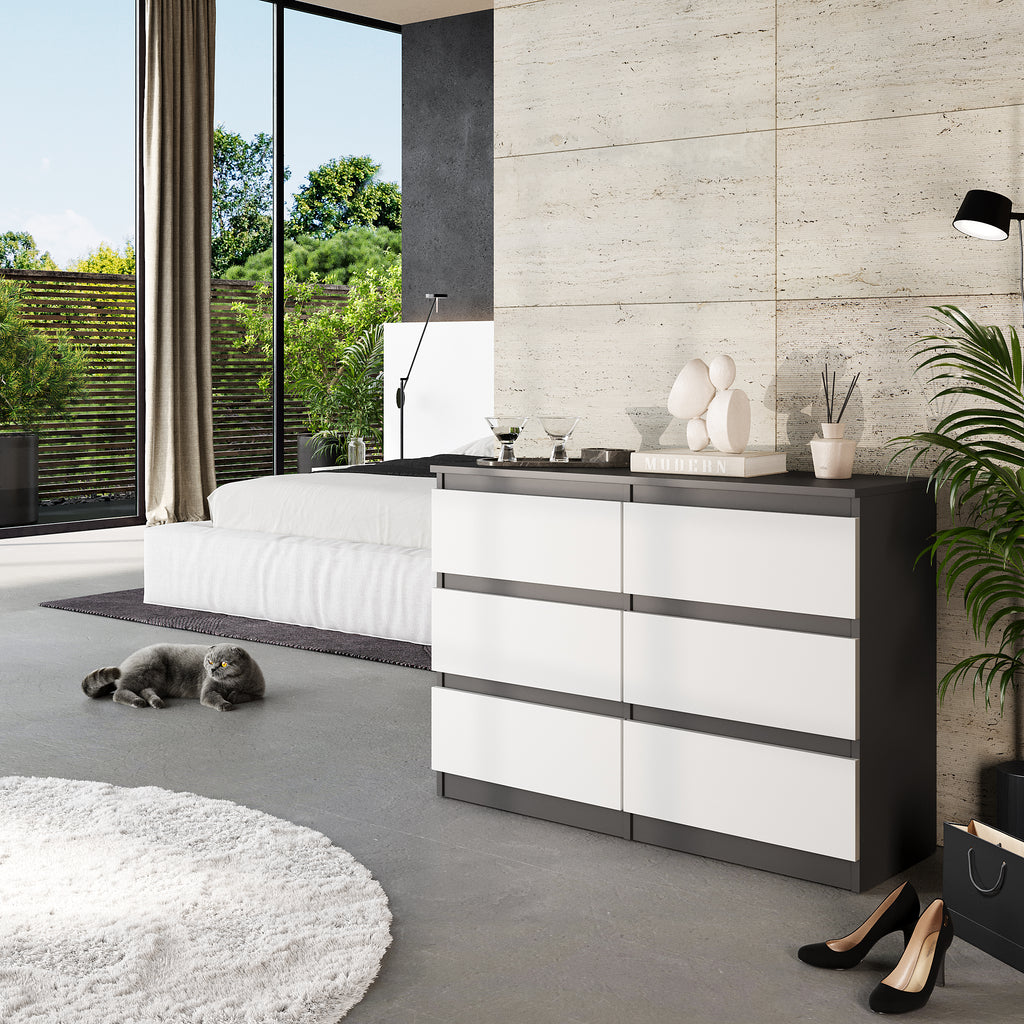 GABRIEL - Chest of 6 Drawers - Bedroom Dresser Storage Cabinet Sideboard - Anthracite / White Matt H71cm W100cm D33cm