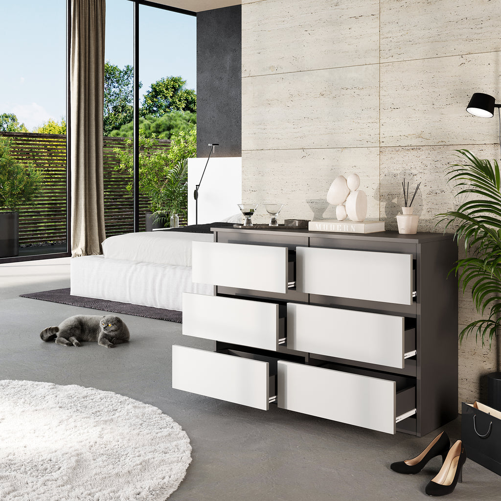 GABRIEL - Chest of 6 Drawers - Bedroom Dresser Storage Cabinet Sideboard - Anthracite / White Matt H71cm W100cm D33cm
