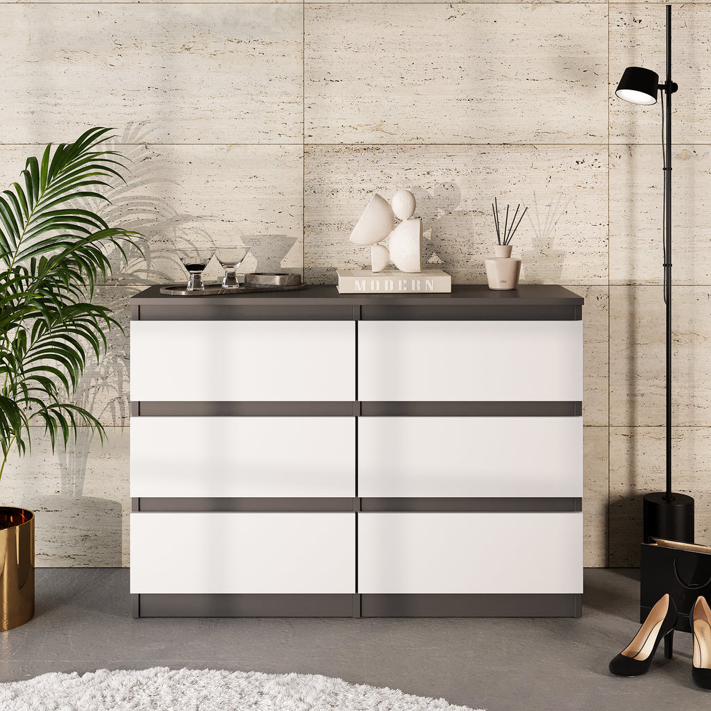 GABRIEL - Chest of 6 Drawers - Bedroom Dresser Storage Cabinet Sideboard - Anthracite / White Matt H71cm W100cm D33cm