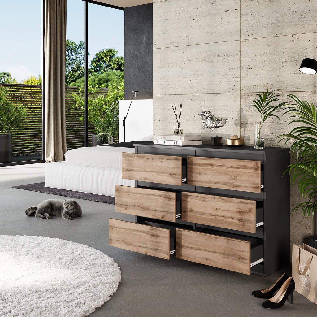 GABRIEL - Chest of 6 Drawers - Bedroom Dresser Storage Cabinet Sideboard - Anthracite / Wotan Oak H71cm W100cm D33cm