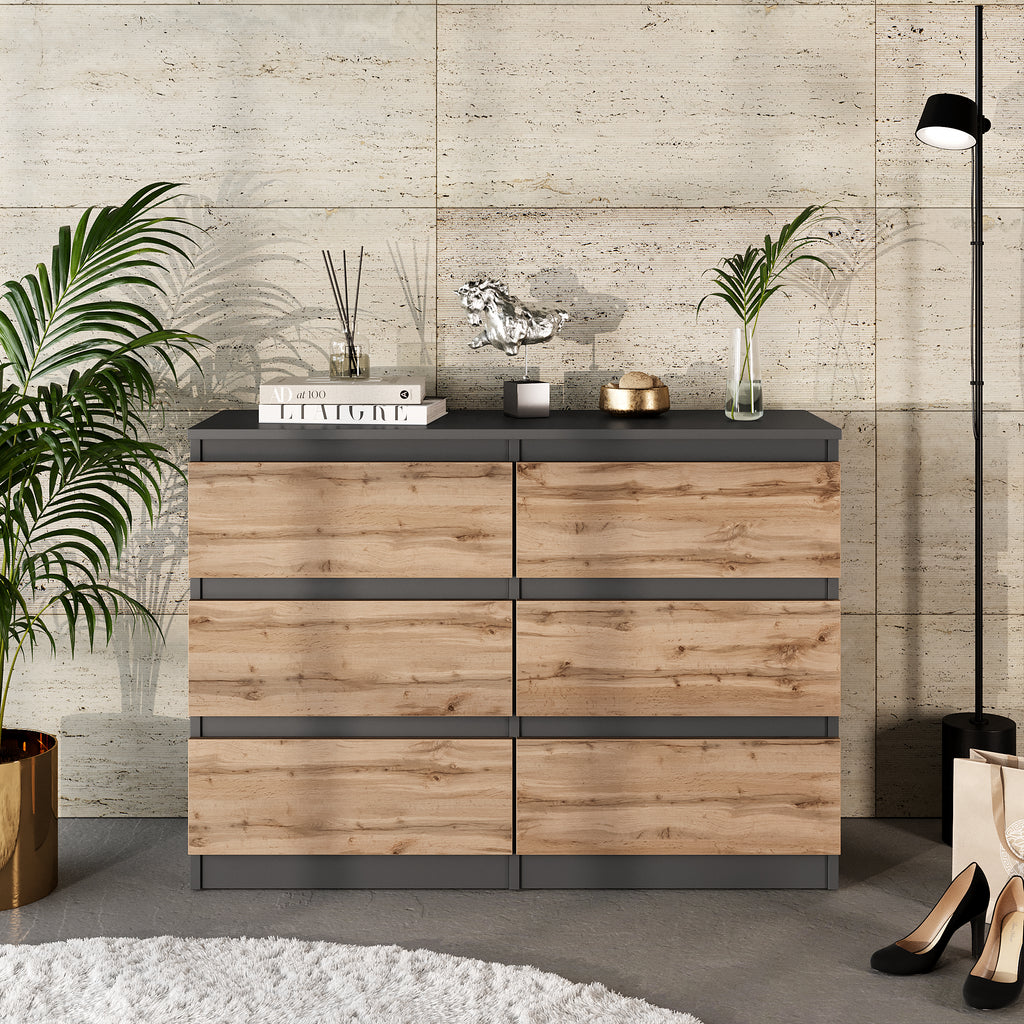 GABRIEL - Chest of 6 Drawers - Bedroom Dresser Storage Cabinet Sideboard - Anthracite / Wotan Oak H71cm W100cm D33cm