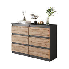 GABRIEL - Chest of 6 Drawers - Bedroom Dresser Storage Cabinet Sideboard - Anthracite / Wotan Oak H71cm W100cm D33cm