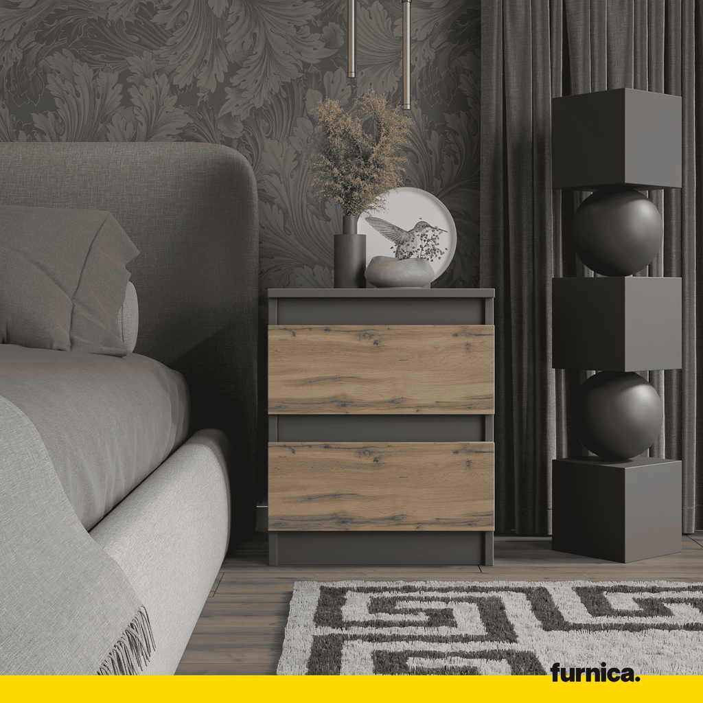 GABRIEL BIG – Bedside Table / Nightstand with 2 Drawers – Anthracite Grey / Wotan Oak – H50 cm W41 cm D33 cm