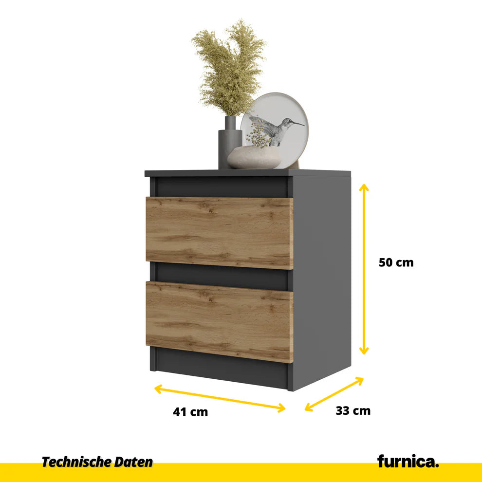 GABRIEL - Bedside Table - Nightstand with 2 drawers - Anthracite / Wotan Oak H50cm W41cm D34cm