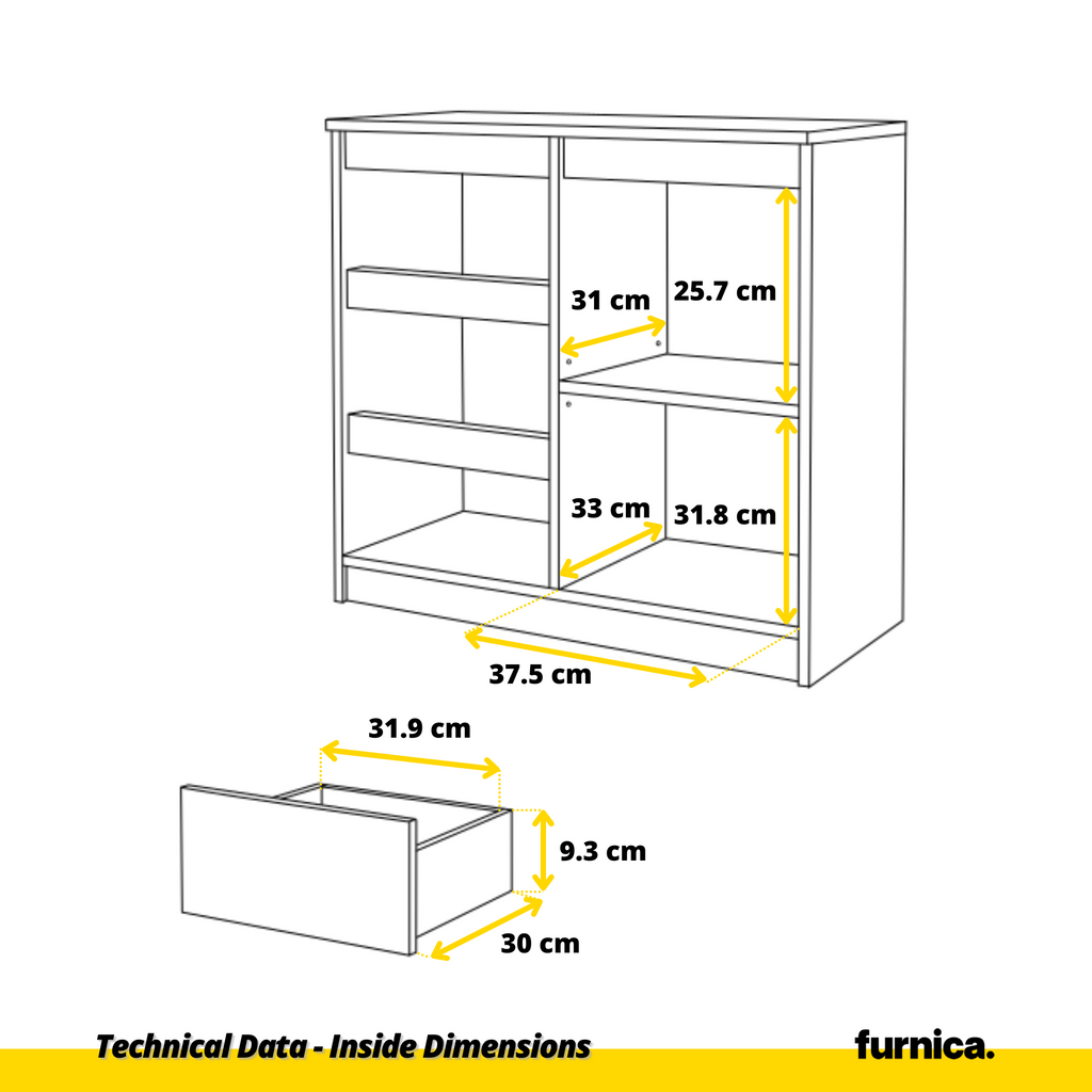 MIKEL - Chest of 3 Drawers and 1 Door - Bedroom Dresser Storage Cabinet Sideboard - White Matt / Anthracite H75cm W80cm D35cm