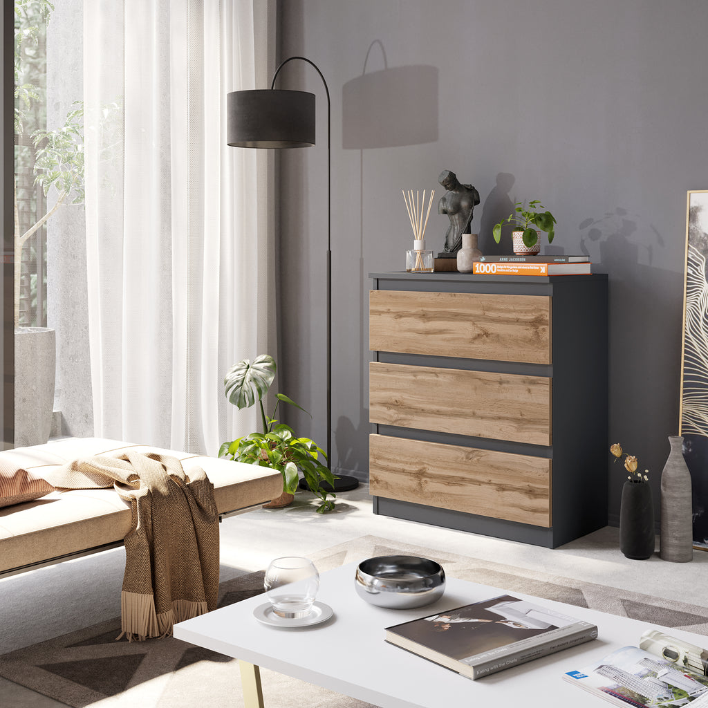 GABRIEL – Chest of Drawers / Sideboard with 3 Drawers – Anthracite Grey / Wotan Oak H72 cm W60 cm D33 cm