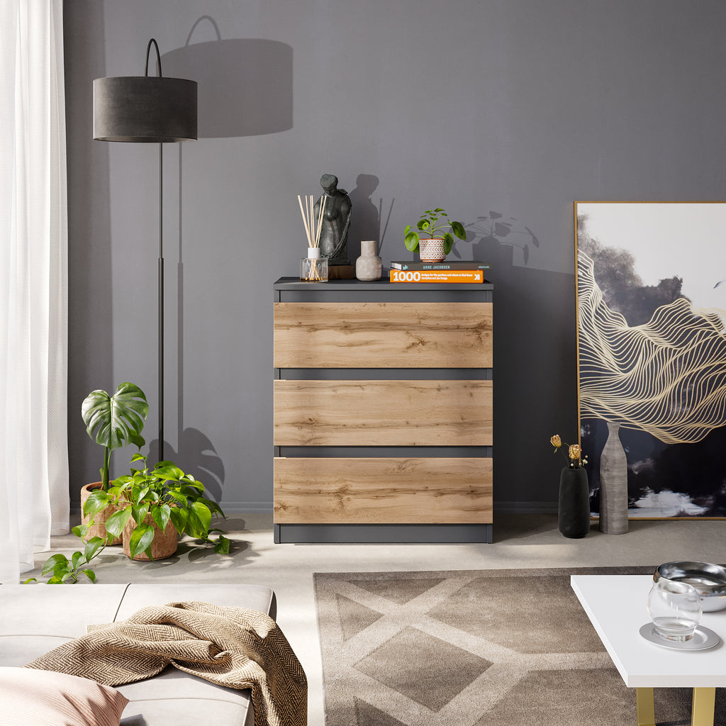 GABRIEL – Chest of Drawers / Sideboard with 3 Drawers – Anthracite Grey / Wotan Oak H72 cm W60 cm D33 cm