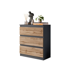 GABRIEL – Chest of Drawers / Sideboard with 3 Drawers – Anthracite Grey / Wotan Oak H72 cm W60 cm D33 cm