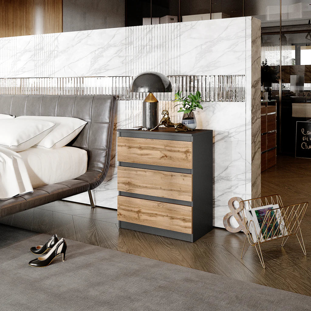 GABRIEL – Bedside Table / Nightstand with 3 Drawers – Anthracite Grey / Wotan Oak – H72 cm W60 cm D33 cm