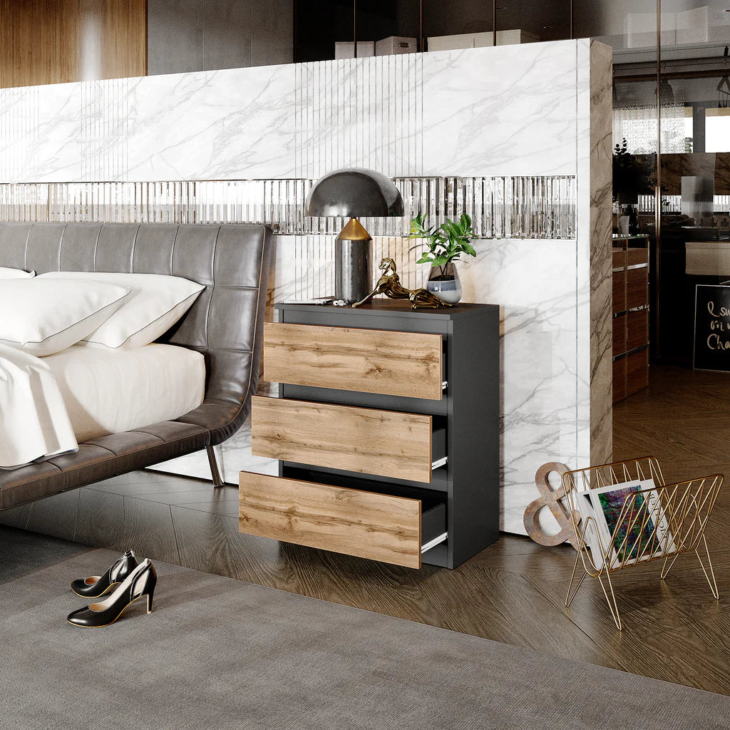 GABRIEL – Bedside Table / Nightstand with 3 Drawers – Anthracite Grey / Wotan Oak – H72 cm W60 cm D33 cm