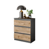 GABRIEL – Bedside Table / Nightstand with 3 Drawers – Anthracite Grey / Wotan Oak – H72 cm W60 cm D33 cm