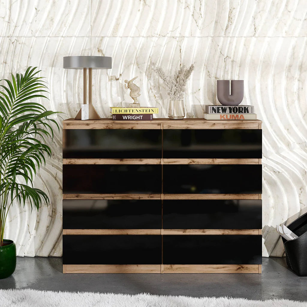 GABRIEL - Chest of 8 Drawers - Bedroom Dresser Storage Cabinet Sideboard - Wotan Oak / Black Gloss H92cm W120cm D33cm
