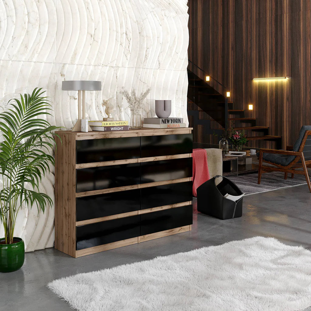 GABRIEL - Chest of 8 Drawers - Bedroom Dresser Storage Cabinet Sideboard - Wotan Oak / Black Gloss H92cm W120cm D33cm