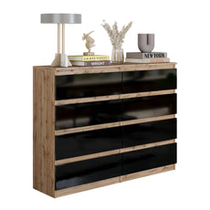 GABRIEL - Chest of 8 Drawers - Bedroom Dresser Storage Cabinet Sideboard - Wotan Oak / Black Gloss H92cm W120cm D33cm