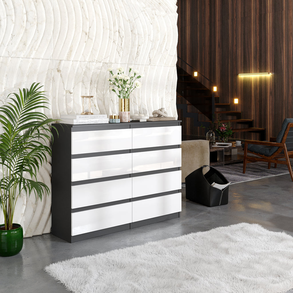 GABRIEL - Chest of 8 Drawers - Bedroom Dresser Storage Cabinet Sideboard - Anthracite / White Gloss H92cm W120cm D33cm