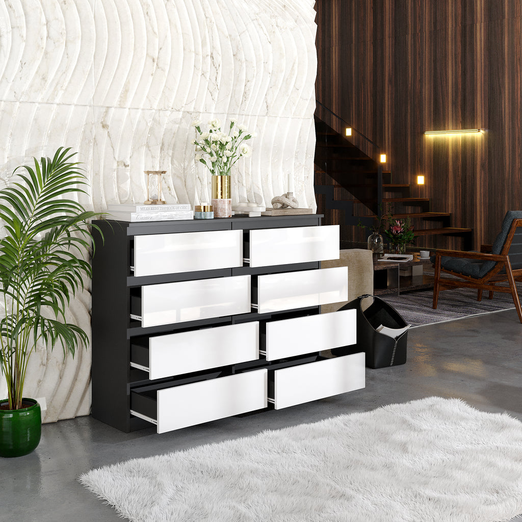 GABRIEL - Chest of 8 Drawers - Bedroom Dresser Storage Cabinet Sideboard - Anthracite / White Gloss H92cm W120cm D33cm