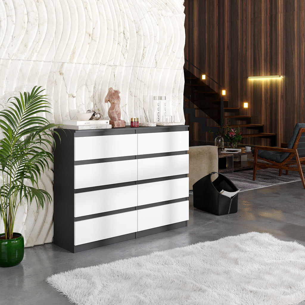 GABRIEL - Chest of 8 Drawers - Bedroom Dresser Storage Cabinet Sideboard - Anthracite / White Matt H92cm W120cm D33cm