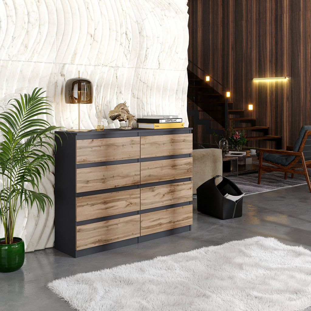GABRIEL - Chest of 8 Drawers - Bedroom Dresser Storage Cabinet Sideboard - Anthracite / Wotan Oak H92cm W120cm D33cm