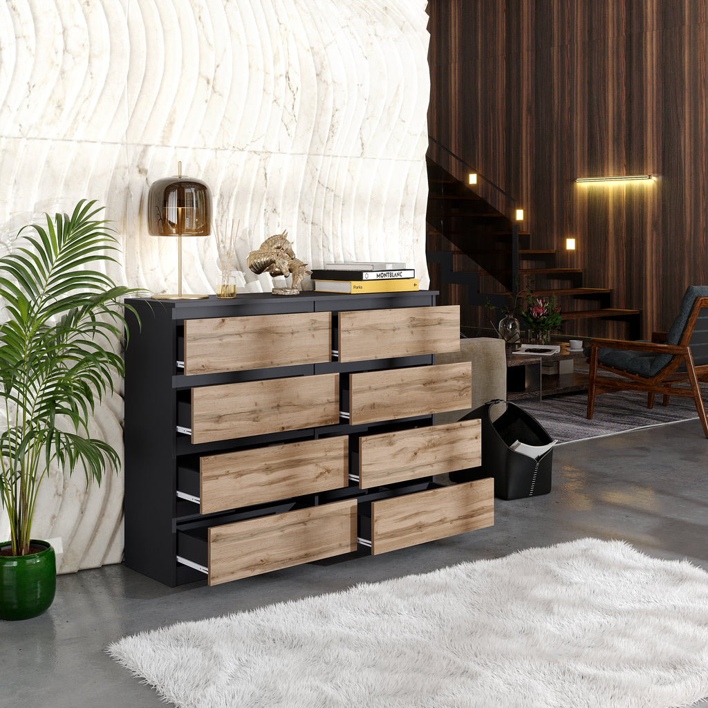 GABRIEL - Chest of 8 Drawers - Bedroom Dresser Storage Cabinet Sideboard - Anthracite / Wotan Oak H92cm W120cm D33cm - Furnica GABRIEL - Chest of 8 Drawers - Bedroom Dresser Storage Cabinet Sideboard - Anthracite / Wotan Oak H92cm W120cm D33cm - Furnica
