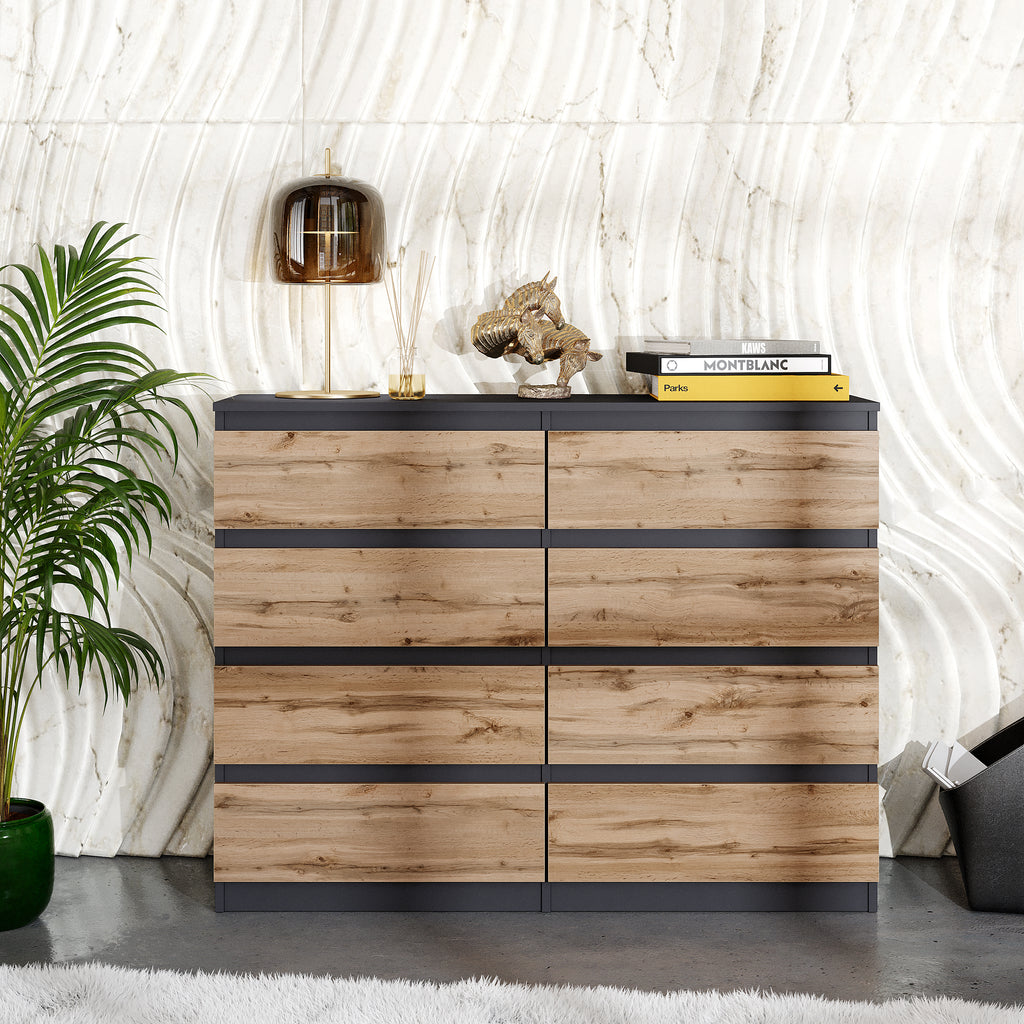 GABRIEL - Chest of 8 Drawers - Bedroom Dresser Storage Cabinet Sideboard - Anthracite / Wotan Oak H92cm W120cm D33cm