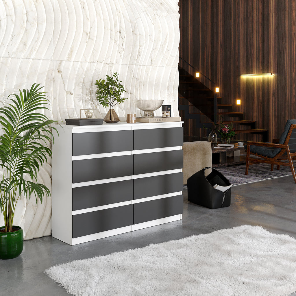 GABRIEL - Chest of 8 Drawers s- Bedroom Dreser Storage Cabinet Sideboard - White Matt / Anthracite H92cm W120cm D33cm