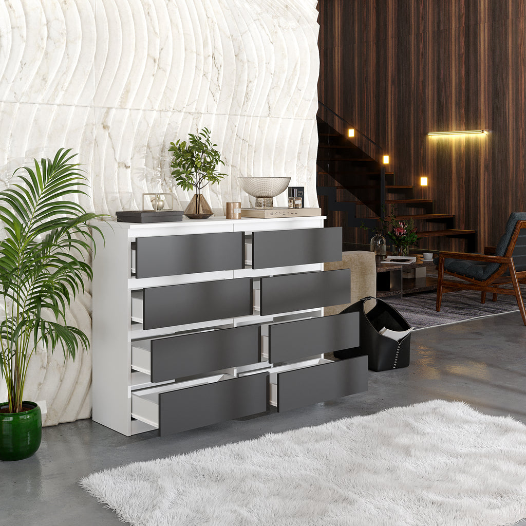 GABRIEL - Chest of 8 Drawers s- Bedroom Dreser Storage Cabinet Sideboard - White Matt / Anthracite H92cm W120cm D33cm