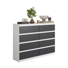GABRIEL - Chest of 8 Drawers s- Bedroom Dreser Storage Cabinet Sideboard - White Matt / Anthracite H92cm W120cm D33cm