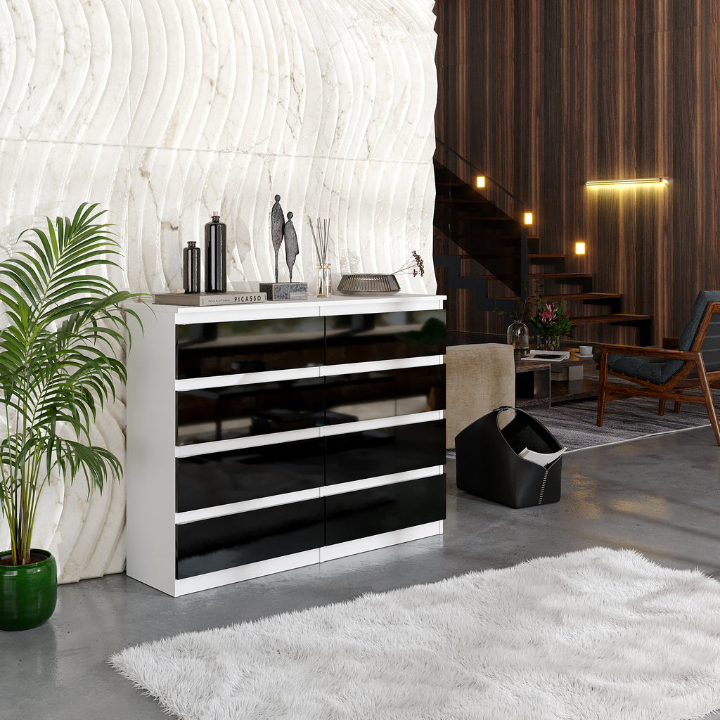 GABRIEL - Chest of 8 Drawers - Bedroom Dresser Storage Cabinet Sideboard - White Matt / Black Gloss H92cm W120cm D33cm