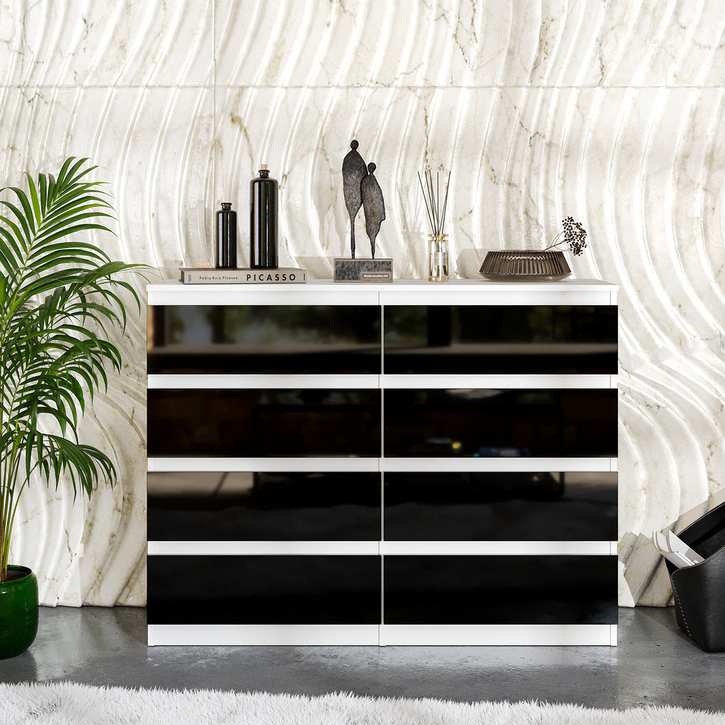 GABRIEL - Chest of 8 Drawers - Bedroom Dresser Storage Cabinet Sideboard - White Matt / Black Gloss H92cm W120cm D33cm