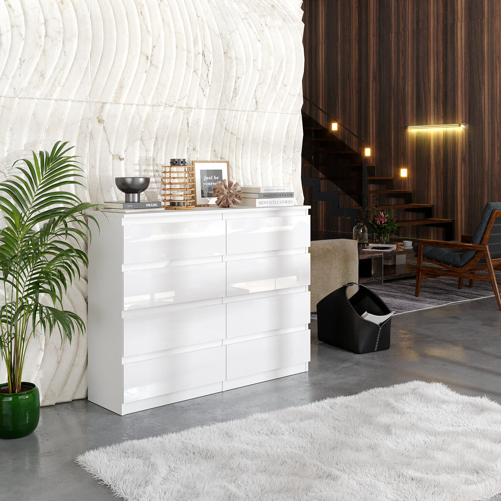 GABRIEL - Chest of 8 Drawers - Bedroom Dresser Storage Cabinet Sideboard - White Gloss H92cm W120cm D33cm