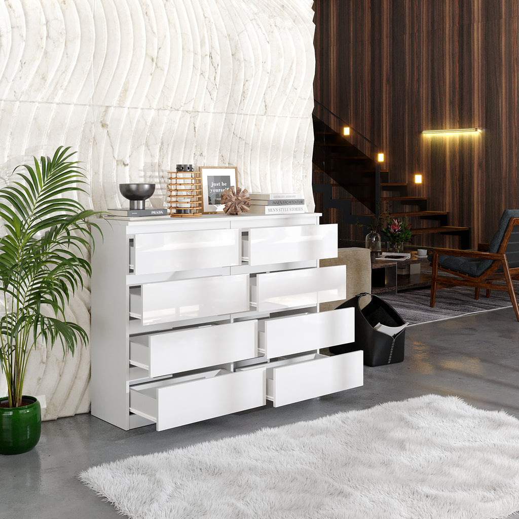 GABRIEL - Chest of 8 Drawers - Bedroom Dresser Storage Cabinet Sideboard - White Gloss H92cm W120cm D33cm
