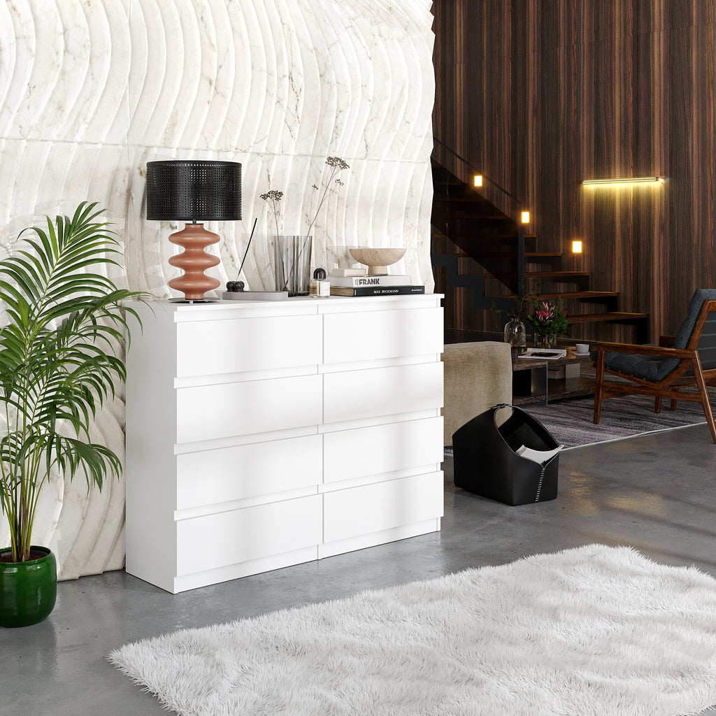 GABRIEL - Chest of 8 Drawers - Bedroom Dresser Storage Cabinet Sideboard - White Matt H92cm W120cm D33cm